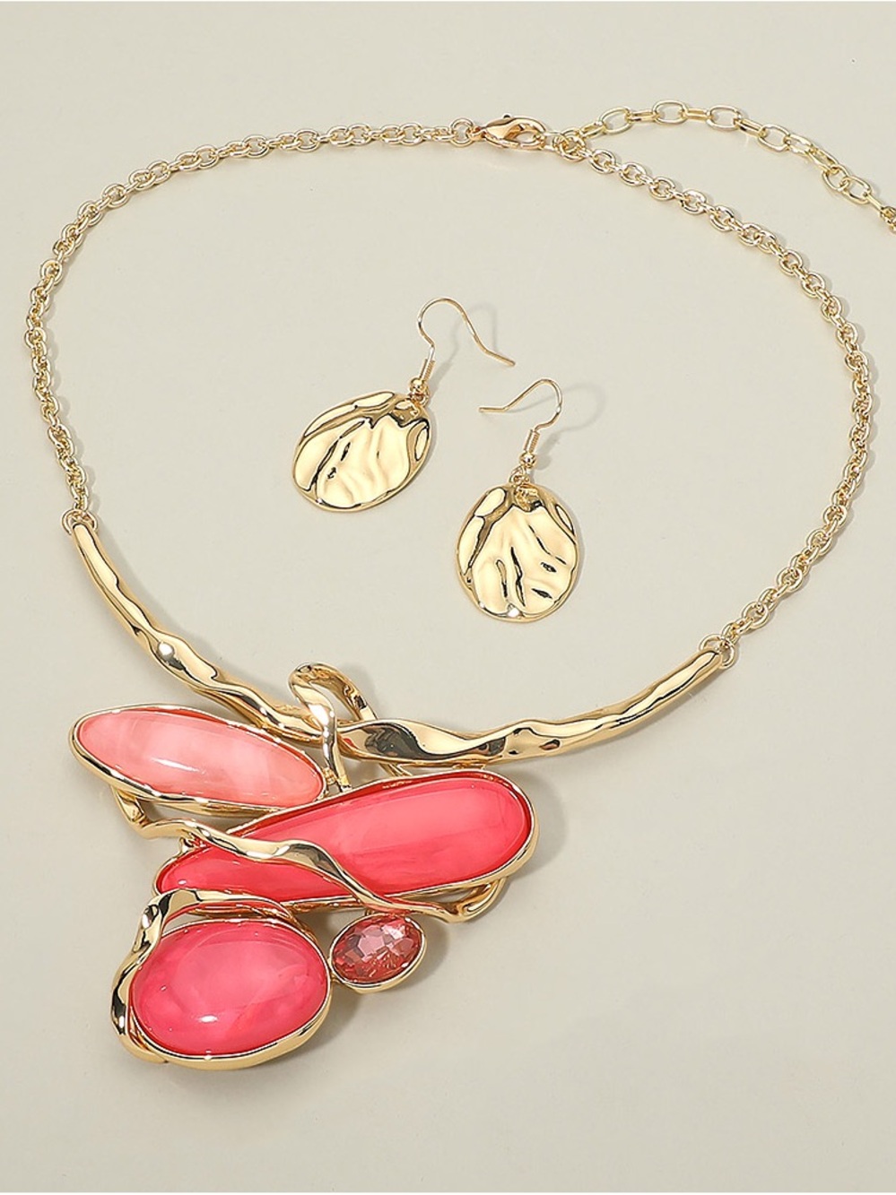 Gold-Tone Necklace & Earrings Set with Pink Resin Accents